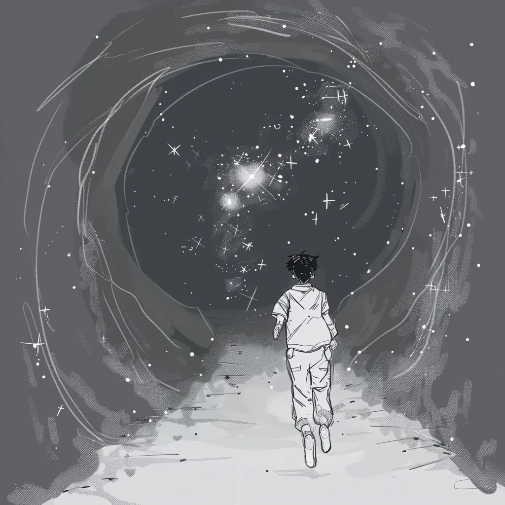 a boy walks through a tunnel to outer space